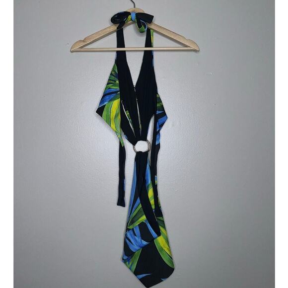 Louisa Ballou Ssense Cut Out Sex Wrap Mini Dress Blue & Yellow/Green Size Small - Picture 7 of 9